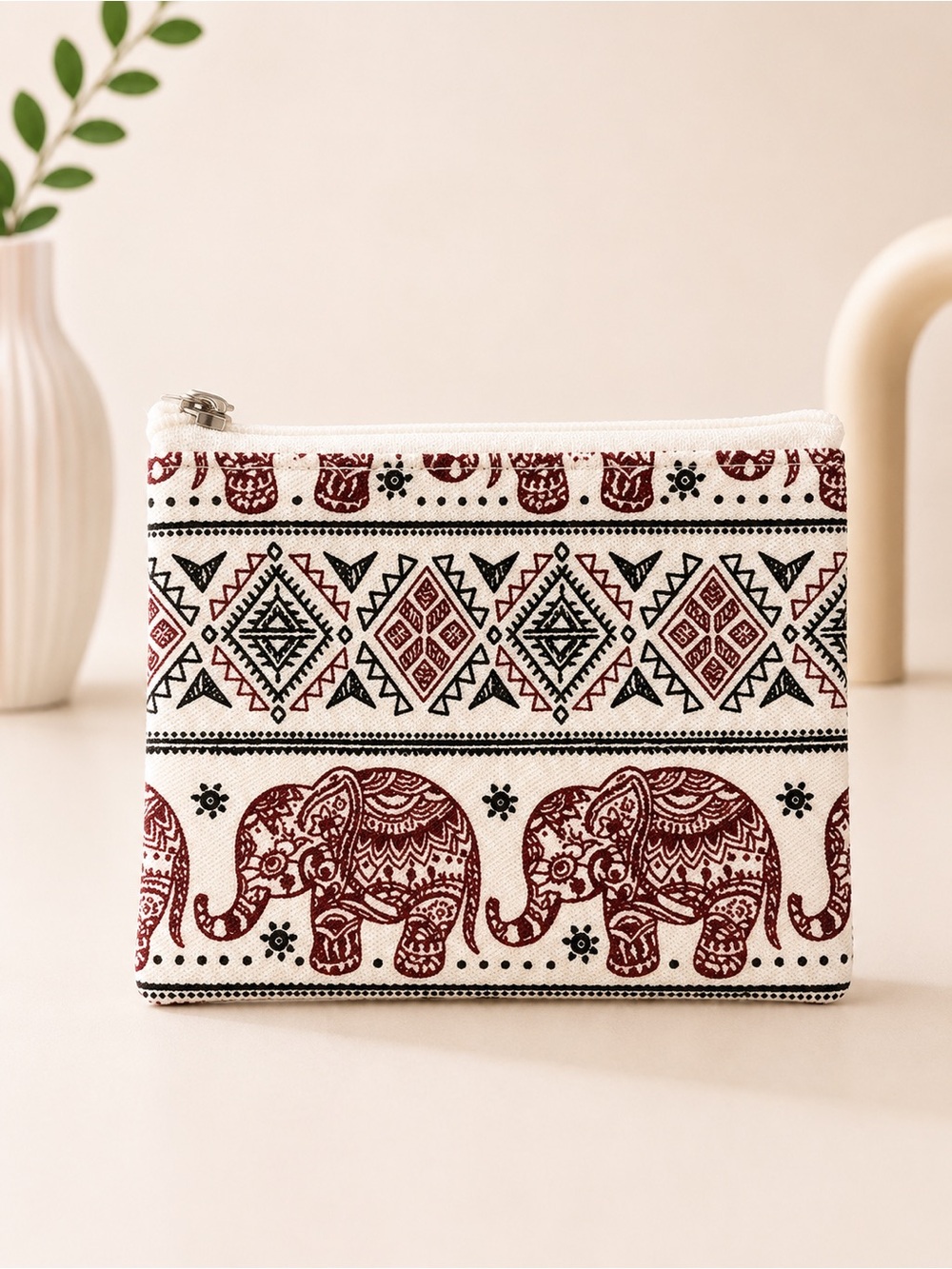 Thai Elephant Print Canvas Coin Pouch Zipper Wallet Handmade Brown White